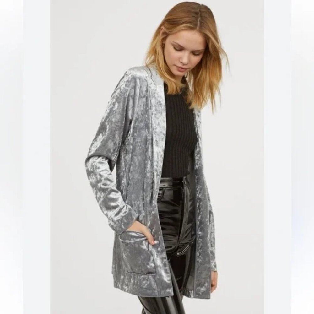 Amaryllis Womens Long Gray Velvet Cardigan With‎ Open Front & Pockets